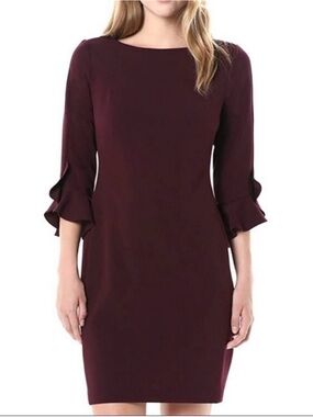 Karl Lagerfeld Plum Midi Sheath Dress with Ruffle Cuffs